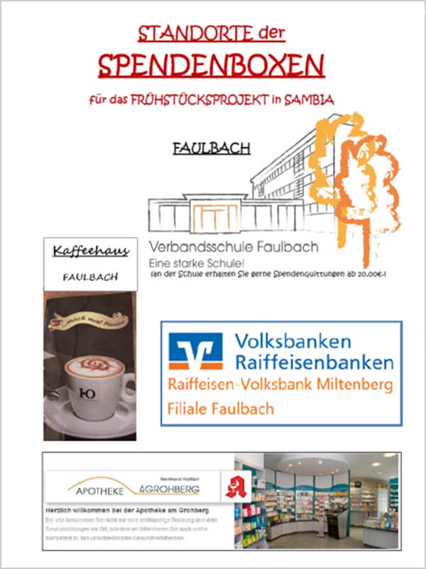Schulpatenschaft (Verbandsschule Faulbach - Kaula Primary School), Spendenboxen